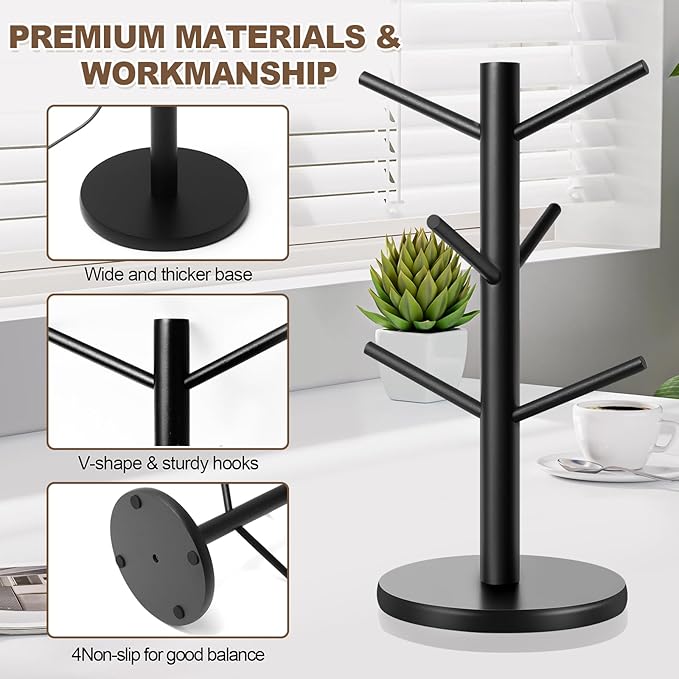 Fertoriy Mug Holder Tree, Thicker Base Coffee Cup Holder for Countertop, Sturdy Wood Coffee Mug Hanger with 6 Hooks, Non-Slip Cup Rack for Home Storage and Organizer