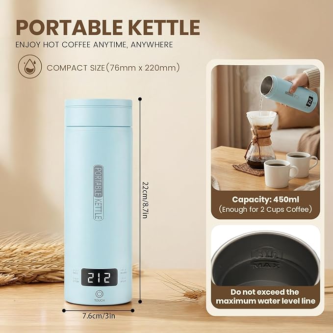 Portable Electric Kettle for Travel, Small Hot Water Kettle with NTC Temperature Control and Auto Shut-Off, 316 Stainless Steel, Blue 120V & 15oz