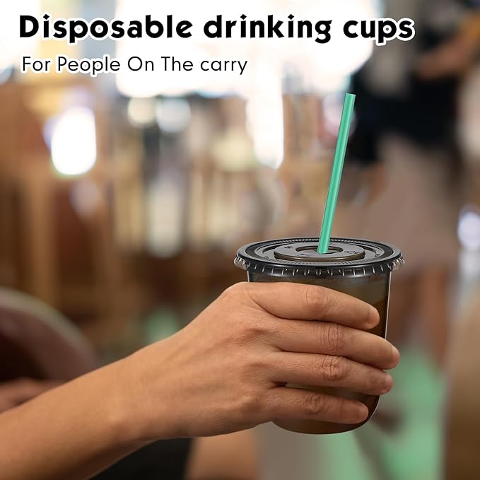 Baderke 25 Set Plastic Cups with Lids and Straws, Disposable Plastic Iced Coffee Cup for Cold Beverage Juice Smoothie Crystal for Coffee Shops Party Catering(Black,14 oz)