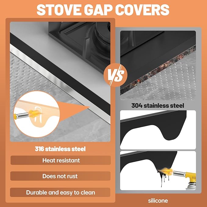 Stove Gap Covers 316 Stainless Steel,2 Pack 23.2" Fixed Stove Gap Filler,Heat Resistant Stove Gap Guards,Between Stove and Counter Slide In Range Trim Kit for Kitchen,Upgrade Silver