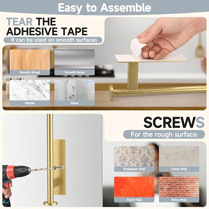 Paper Towel Holder Wall Mount - Self Adhesive No Drill or Drilling, SUS304 Stainless Steel - Kitchen, Bathroom, Sink, Pantry, Fridge (Gold)