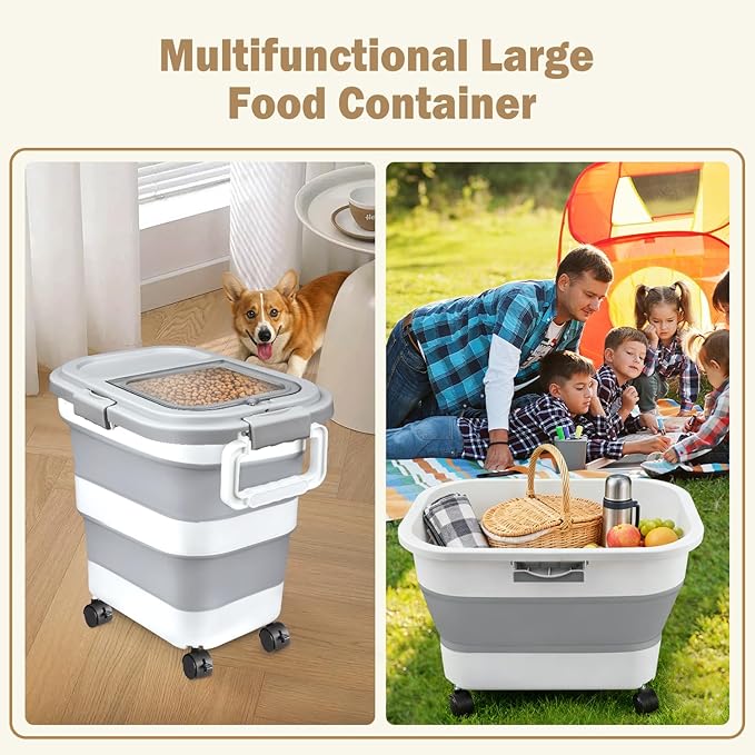 Komzon Rice Storage Container, Collapsible Airtight Food Storage Containers 6-20 Lbs, Rice Dispenser Bin with Cup and Scoop for Flour Cereal Pasta Grain, Cat Bird Pet Dog Food Storage Container