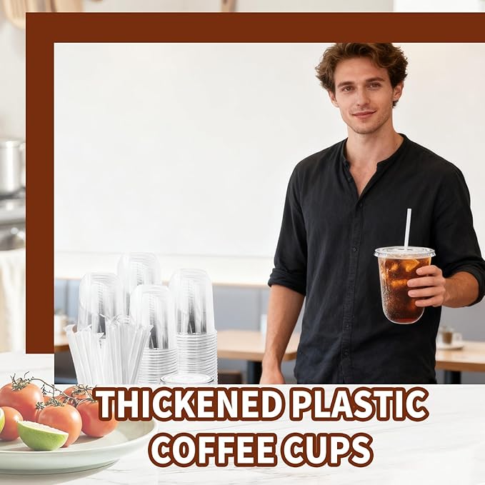 Alaeseje 100 Pack Clear Plastic Cups with Lids and Straws,16 oz Disposable Iced Coffee Cups,PET Crystal Cups,Round Bottom To Go Cup for Iced Coffee Juice Smoothie Cold Beverage