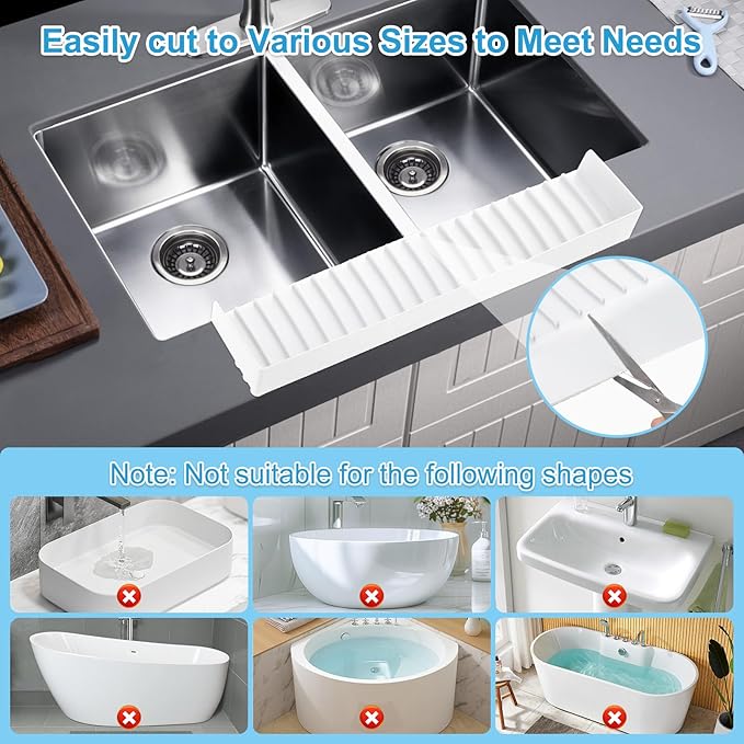 Silicone Faucet Splash Guard 4" x 20", Faucet Water Catcher Mat, Longer Silicone Sink Mat for Kitchen, Bathroom, Laundry Room, Farmhouse for Quartz Kitchen Sink （Transparent White）