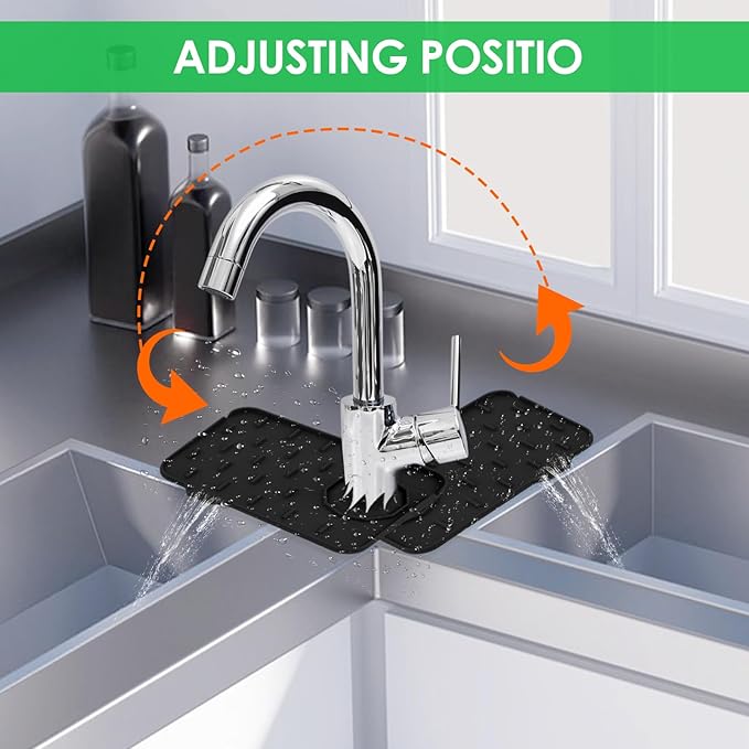Sink Faucet Splash Guard Mat Silicone Soap Dish Pad Faucet Handle Drip Catch Sponge Holder Sink Protector Trays for Bathroom Kitchen Countertop Gadgets Accessories 8.3 x 5.7 Inch(Black)