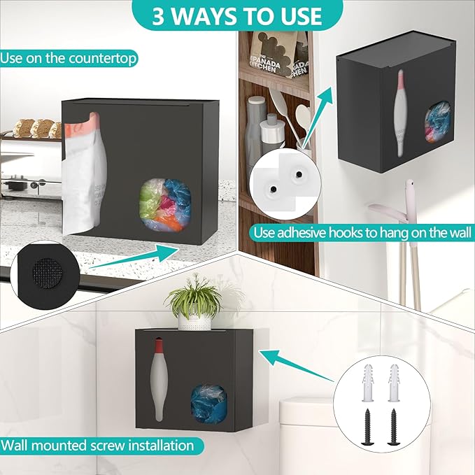 2 in 1 Grocery Bag Holder & Trash Bag Holder Dispenser, Kitchen Grocery Storage Organizer for Cabinet, Under Sink, Wall Mounted or Countertop, Metal Black