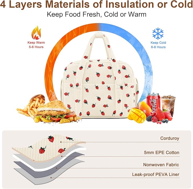 KUBYA Corduroy Lunch Box Lunch Bag for Women Men, Cute Strawberry Small Insulated Reusable Work Leakproof Simple Lunch Boxes Tote Bag Adults Cooler Bag