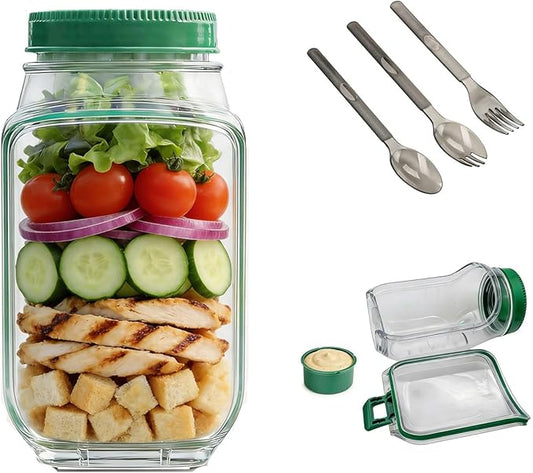 Portable Side Open Salad Jar with Leakproof Dressing Container - Removable Lid Converts to Bowl, Food Grade Reusable, Freezer Dishwasher Safe for Meal Prep Work Travel