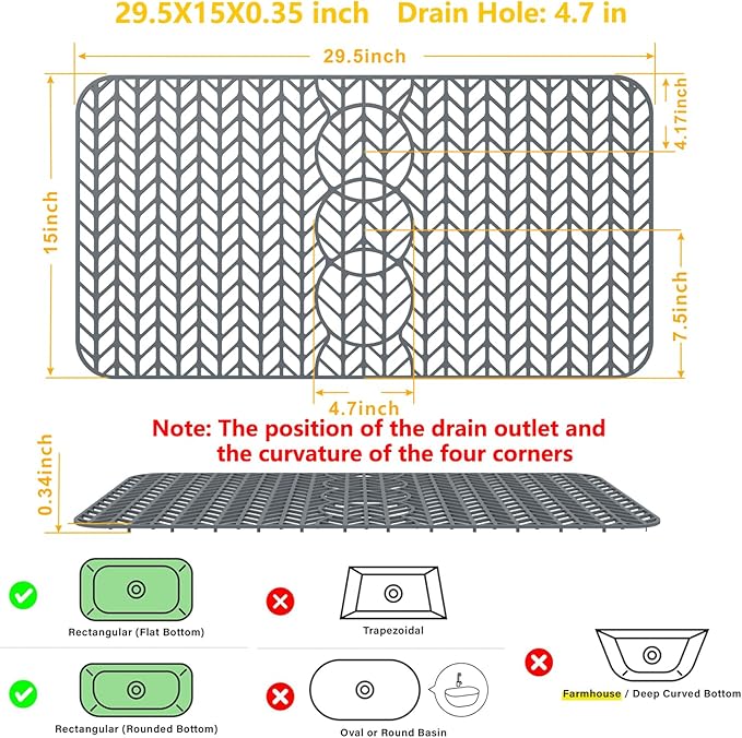Sink Protectors for Kitchen Sink 16x12 & 18x12 & 19x13 & 24x12.5 & 26x14 & 28x14 & 29.5x15,Silicone kitchen sink mats protector for bottom of farmhouse sink(29.5"x15"Grey)