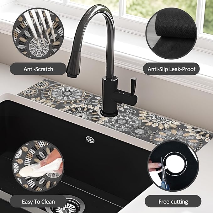 2PCS 24" X 5.5" Kitchen Sink Splash Guard Faucet Mat Mandala Super Absorbent Fast Drying Faucet Guard & Draining Mat Sink Splash Guard Behind Faucet for Kitchen, Bathroom
