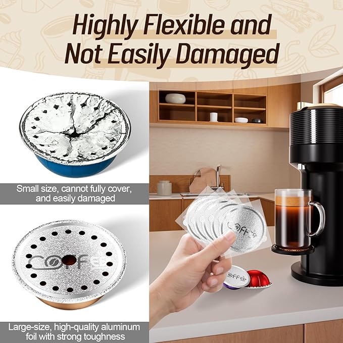 100 Pcs Aluminum Foil Seal Lids with Double Ear Tabs, Strong Sealing Performance, 3-Point Positioning Design for Reusable Nespresso Vertuo Coffee Pods Capsules