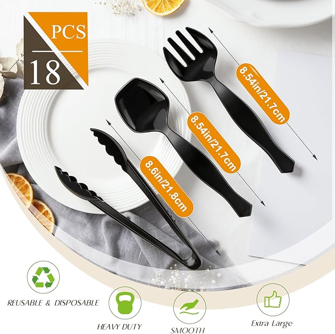 Mwellewm 18Pcs Serving Utensils, 8.5'' Plastic Serving Utensils Set, Disposable Serving Spoons for Buffet, Large Serving Tongs for Food Heavy Duty Party Supplies for Salad Soup Cooking Catering(Black)