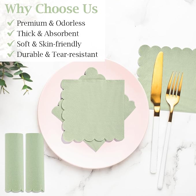 100 Pcs Cocktail Napkins, 2-Ply 5 x 5 Inches Disposable Scalloped Napkins, Thick Premium Dessert Napkins for Party, Wedding, Dinner, Birthday, Anniversary, Festival (Sage Green)