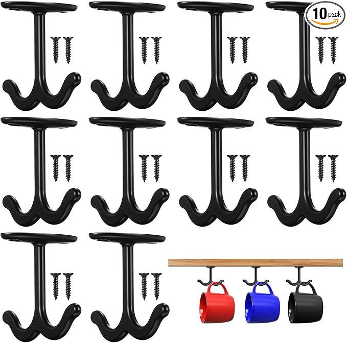 10 Pcs Under Shelf Hooks, Zinc Alloy Double Prong Under Cabinet Hooks for Hanging Mugs, Cups, Towels, Plants, Kitchenware, Keys, Black Ceiling & Wall Mount Organizer