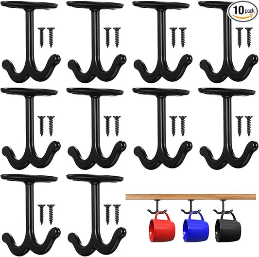 10 Pcs Under Shelf Hooks, Zinc Alloy Double Prong Under Cabinet Hooks for Hanging Mugs, Cups, Towels, Plants, Kitchenware, Keys, Black Ceiling & Wall Mount Organizer
