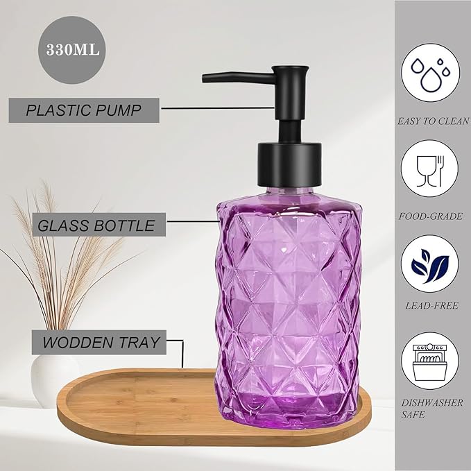 Glass Hand and Dish Soap Dispenser Set of 2 with Plastic Pumps, Bamboo Tray, 12oz Purple Bathroom Soap Dispenser with Diamond for Hand Wash & Dish Wash, Ideal for Bathroom Kitchen Countertop