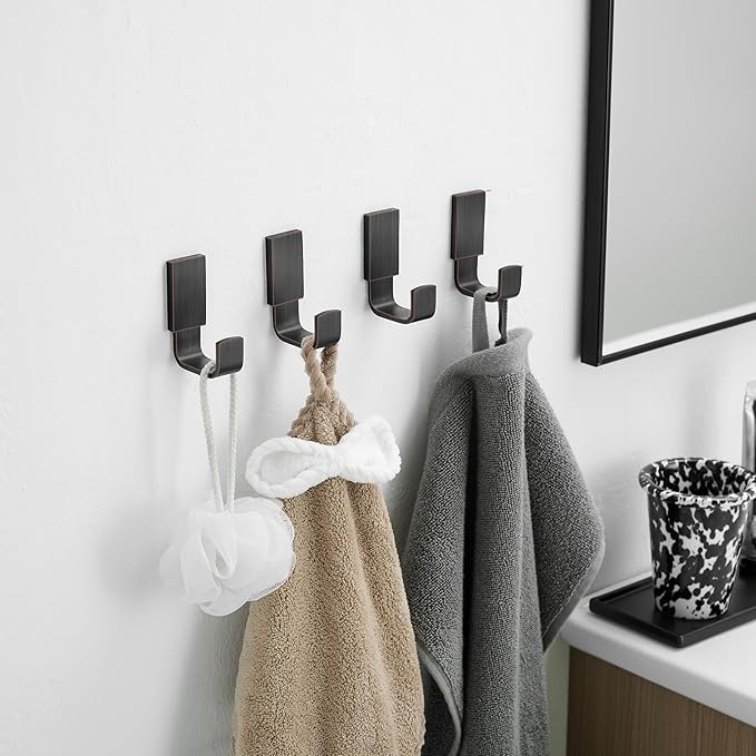 BESy Brass Clothes Hook Single Towel Hook for Bathroom Kitchen Garage Square Style Robe Hooks Coat and Hat Hook, Wall Mounted with Screws, Four Packs, Oil Rubbed Bronze