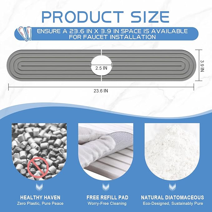 Stone Faucet Mat for Kitchen Sink, Water Absorbent Fast Drying Stone Tray for Sink , Quick Dry Diatomite Splash Guard for Bathroom Counter to Prevent Moisture Buildup, 23.6" x 4", Dark Grey