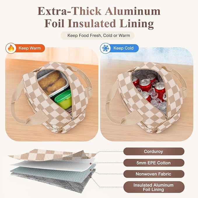 KUBYA Lunch Box for Women, Cute Corduroy Insulated Lunch Bag Women Reusable Work Simple Adults Large Lunch Boxes Tote Bag Men Cooler Bag