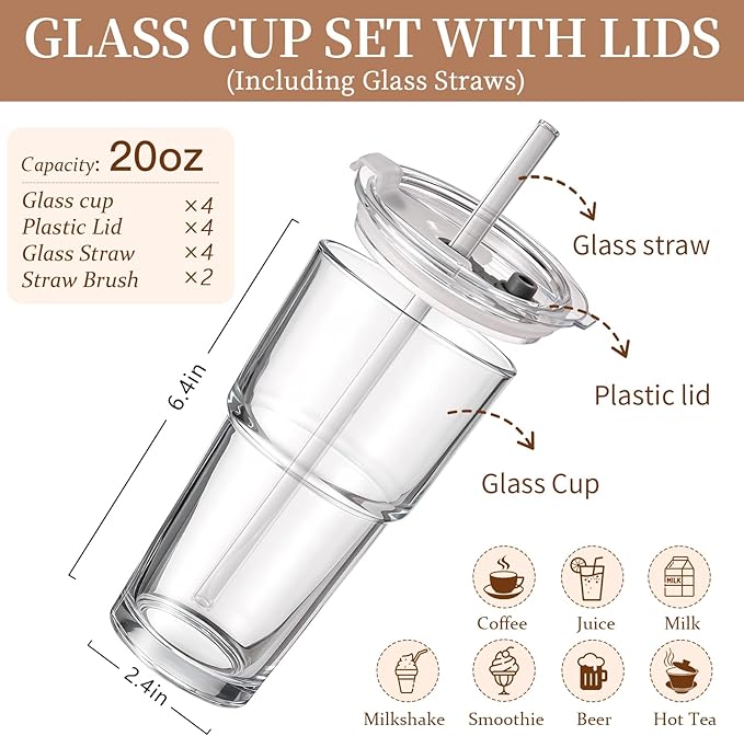 Iced Coffee Cups with Lids: Coffee Bar Accessories - Tumbler Leak Proof for To Go Iced Coffee Cups with Lids 4 Pack - 20 oz Glass Cups with Lids and Straws - Thickened Glass Tumbler with Straw and Lid