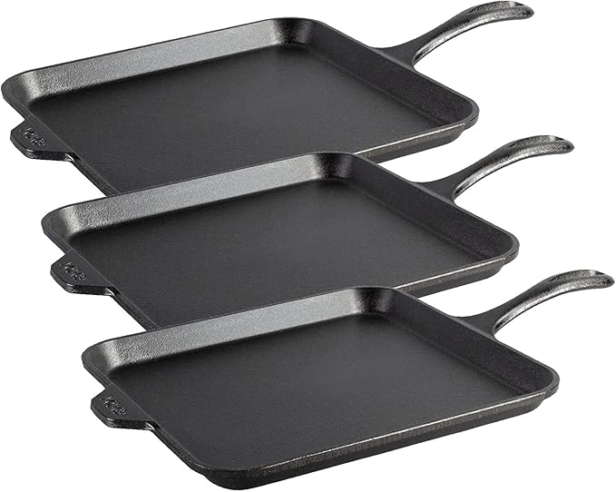 Lodge Seasoned Cast Iron Square Griddle - 11 Inches - Durable Pan - Cast Iron Cookware for Pancakes, Eggs, Bacon & Grilling Favorites (Pack of 3)