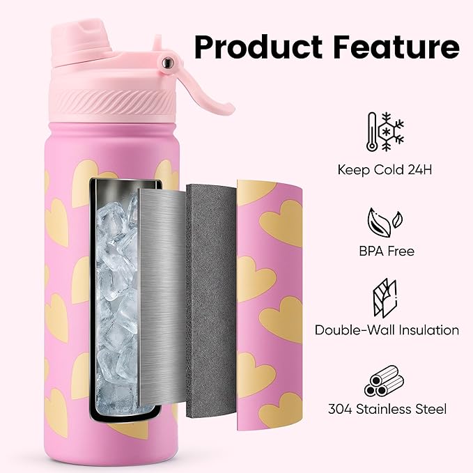 Fijinhom 18 oz Insulated Water Bottle, 2-in-1 Straw and Spout Lid Stainless Steel Thermos, Leak-Proof, Double Wall Vacuum Flask, Keep Cold 24H for Outdoor, Sports, Travel, School (Heart)