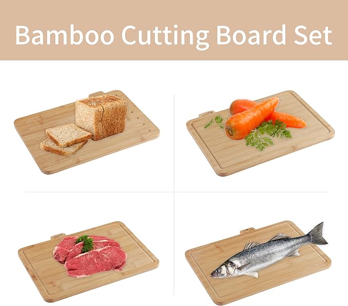 12.6"L x 9"W Bamboo Cutting Board Set of 4 - Wood Cutting Board Set with Holder, Chopping Boards Set with Food Icons, Juice Groove - Ideal for Meat, Fish, Bread, Vegetable, Fruit Chopping