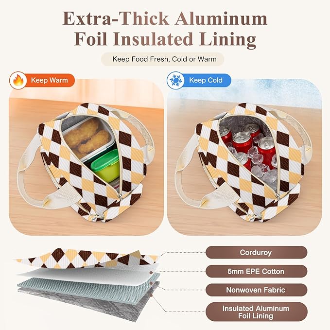 KUBYA Lunch Box for Women, Cute Corduroy Grid Insulated Lunch Bag Women Reusable Work Leakproof Simple Adults Large Lunch Boxes Tote Bag Men Cooler Bag