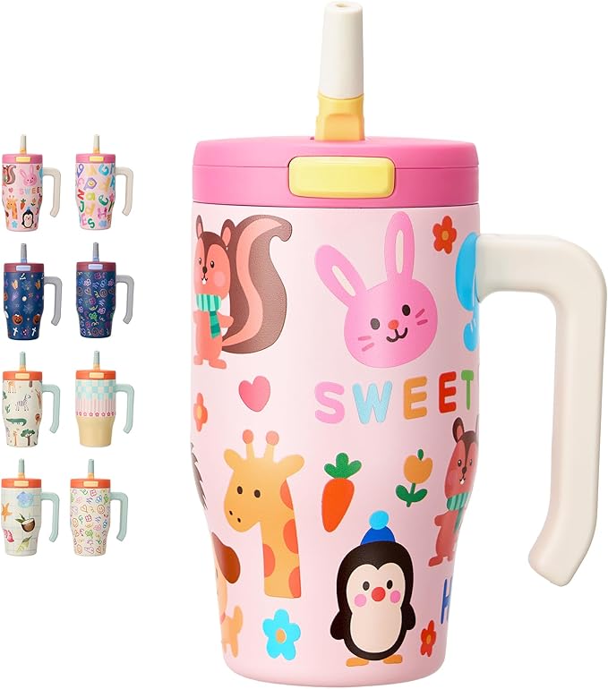 Fijinhom 18 oz Toddler Tumbler with Handle, Stainless Steel Insulated Water Bottle Coffee Mug with Straw, Toddler Cups, Kids Water Bottle for School, Sports, Travel, Pet Pals
