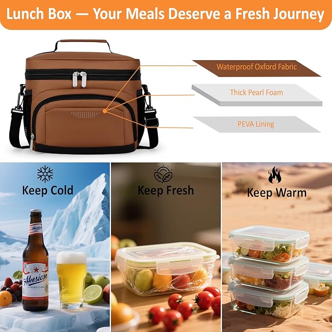 Vankor Large Insulated Lunch Bag for Men Women kids, Reusable Lunch Box kids Leakproof with Adjustable Shoulder Strap for Work Teacher School Picnic Beach Travel, Coffee