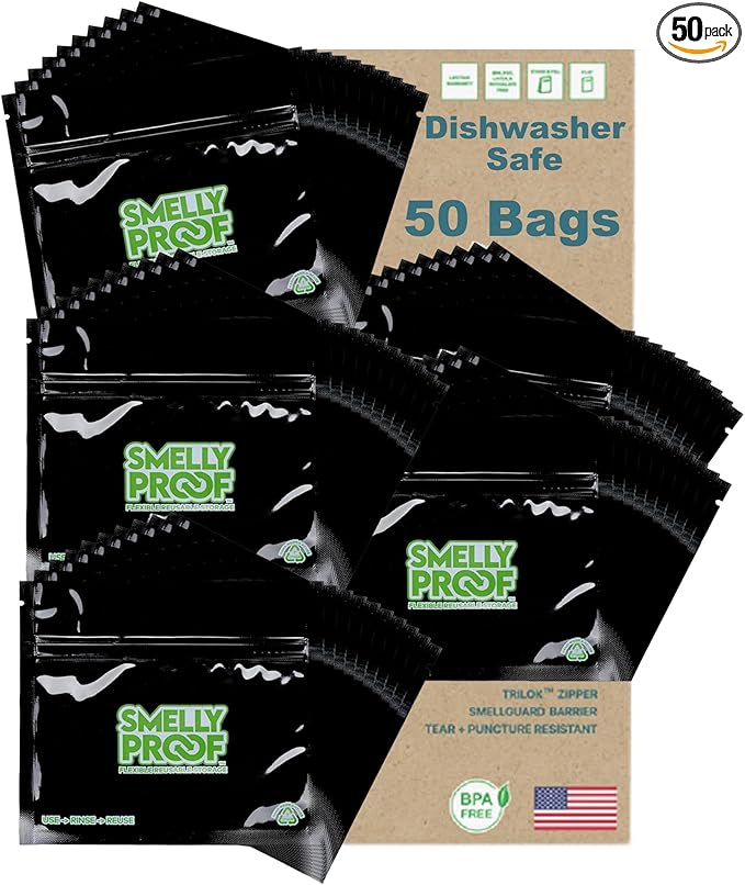 Smelly Proof Reusable Food Storage Bags, Reusable Sandwich Bags, Reusable Freezer Bags, Black 4-Mil Thick, Heavy Duty, US-Made Non-Silicone, BPA Free, No PEVA, 6” x 4”, 50-Pack