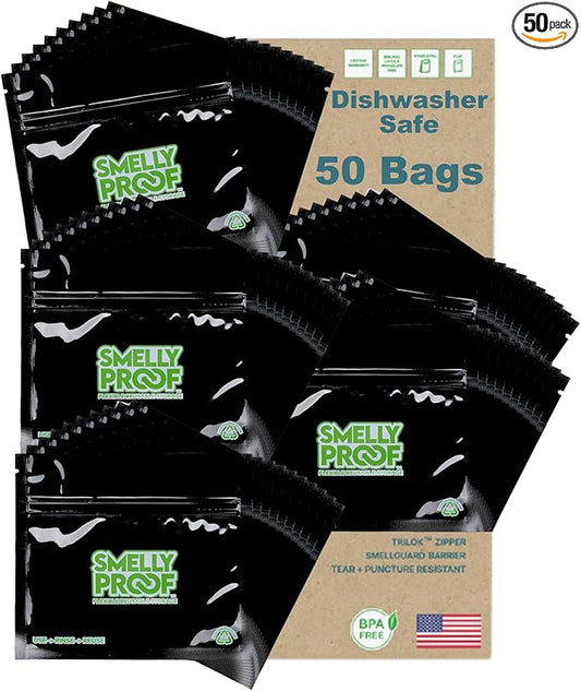 Smelly Proof Reusable Food Storage Bags, Reusable Sandwich Bags, Reusable Freezer Bags, Black 4-Mil Thick, Heavy Duty, US-Made Non-Silicone, BPA Free, No PEVA, 6” x 4”, 50-Pack