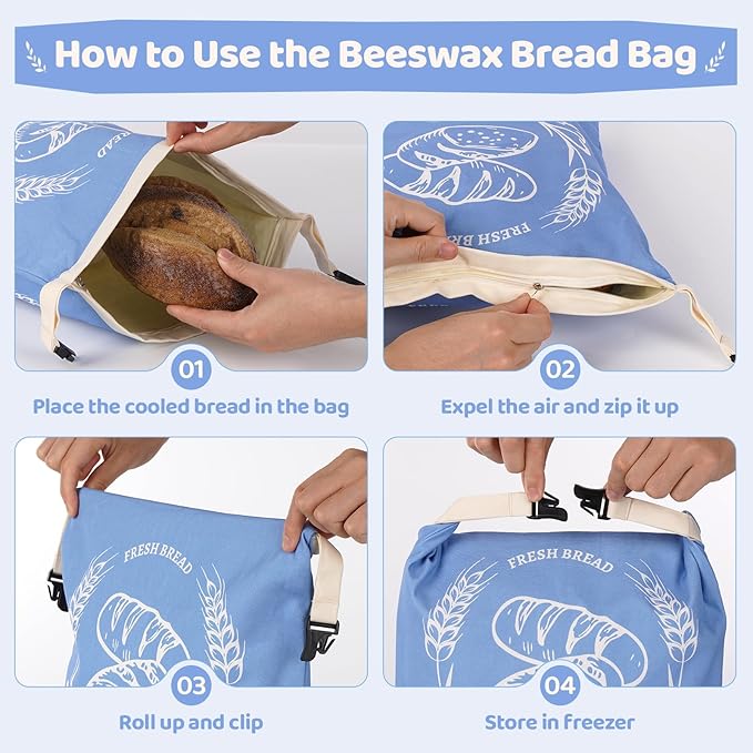 2 Pack Beeswax Bread Bags with Zipper, XL(13x17in) Sourdough Bread Storage for Homemade, Freezer Storage Bag to Keep Fresh, Cotton Beeswax Container, Baguette Bag with Liner, Kitchen Baking (Blue)