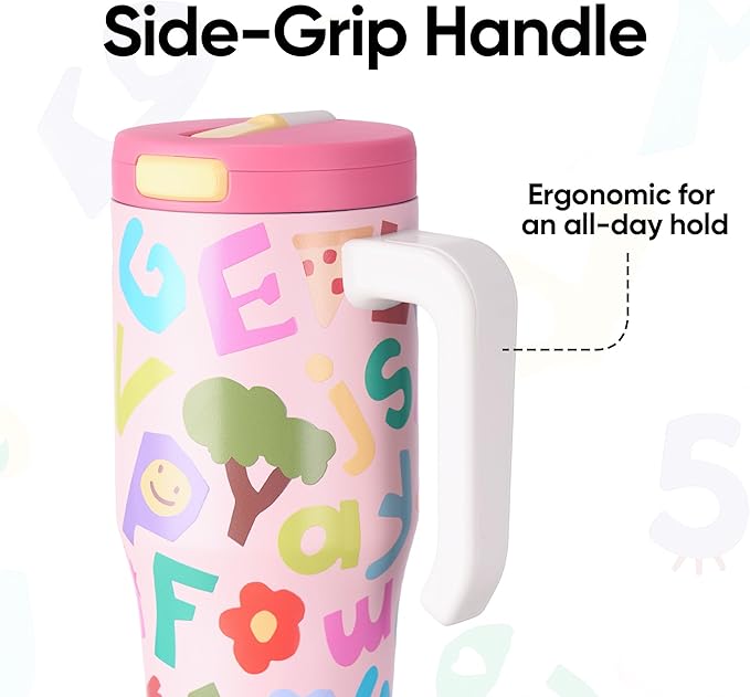 Fijinhom 25 oz Insulated Tumbler with Handle, Stainless Steel Insulated Water Bottle Coffee Mug with Straw, Coffee Cups, Cute Water Bottle for Sports, Travel, Lunch, Rosy Letter Crew