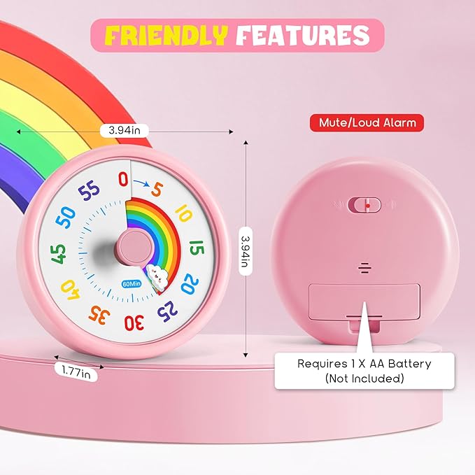 HIPPIH Visual Timer for Kids, 60 Minute Countdown Timers for Classroom Kitchen Office, Rainbow Disk Desk Timer Clock with Silent Operation, Pomodoro Timer Time Management Tools for Toddler ADHD Pink