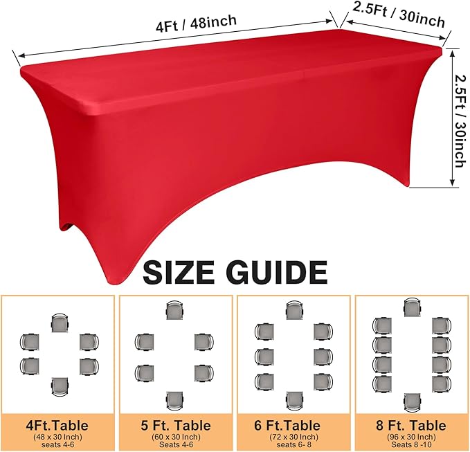 6 Pack 4 Feet Red Spandex Tablecloth for Rectangular Tables, Fitted & Stretch, Washable, Wrinkle Resistant, Perfect for Event, Wedding, Party, Banquet, Cocktail, Festival, and Table Protector