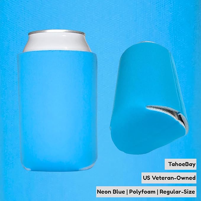 TahoeBay Bulk Blank Beer Can Cooler Sleeves (50-Pack) Sublimation Blanks for Vinyl Plain Soft Foam Can Sleeves Coolers for Soda Cans & Bottles Black, White, Assorted Solid Color (Neon Blue)