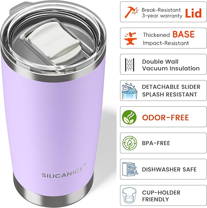 20oz Hygienic Stainless Steel Vacuum Insulated Tumbler w/ Easy-On/Easy-Off Lid - Removable slider, Double Wall 18/8 Travel Mug, BPA-Free, Fits Cup Holders, Premium Quality, Smart Value - Lilac