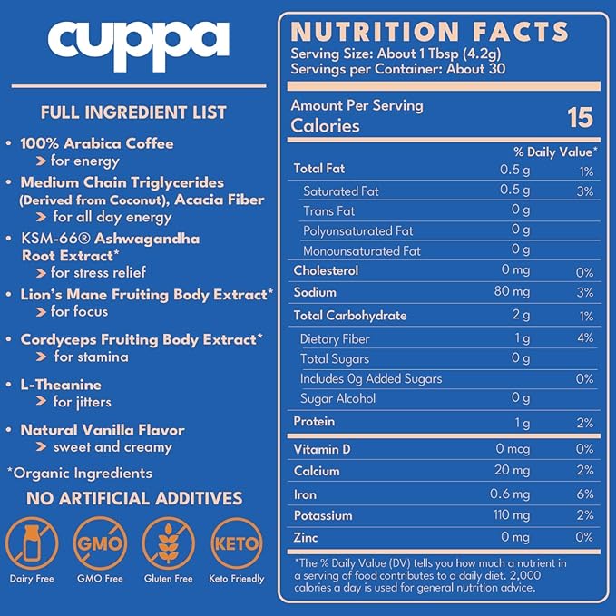 Cuppa French Vanilla Coffee - Great tasting medium roast with mushrooms, adaptogens & superfoods - Lion's Mane, Ashwagandha, Cordyceps, MCT, Prebiotic Fiber & L-Theanine. Supports natural energy & better mental focus, overall well-being + a happier gut...