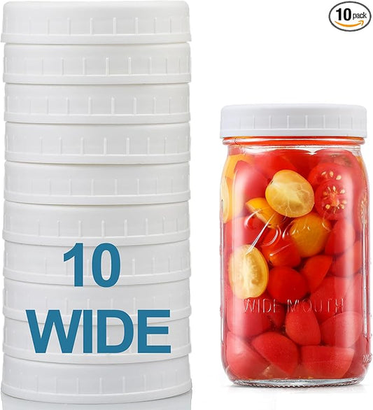AOZITA [10 Pack] WIDE Mouth Mason Jar Lids for Ball, Kerr and More - White Plastic Storage Caps for Mason/Canning Jars - Leak-Proof, Dishwasher Safe & Food Grade