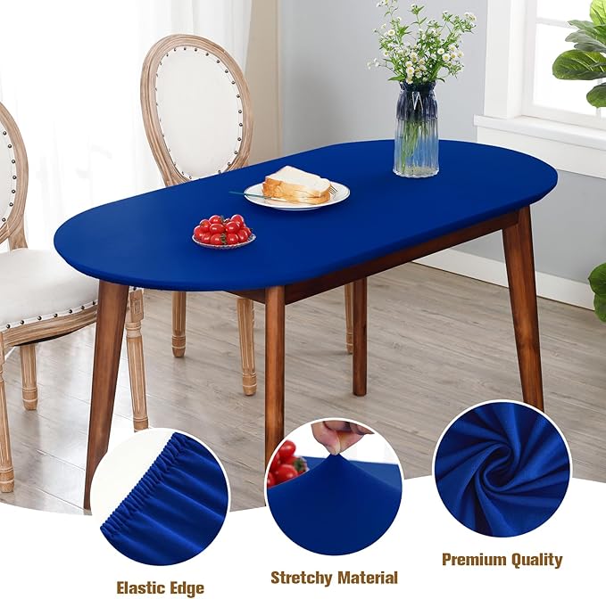 Fitted Oval Tablecloth 48 x 68 Inch Elastic Table Cloth, Stretch Spandex Table Cover Royal Blue Washable Polyester Top Cap Cover for Dining Picnic Camping Indoor and Outdoor