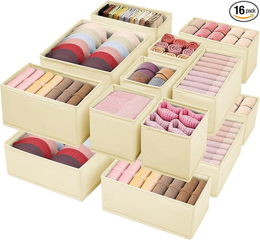 Drawer Clothing Organizer 16-Pack, Beige 3-Size Underwear Drawer Dividers, Fabric Folding Wardrobe Organizer for Baby Clothes, Bras, Underwear, Panties, Belts, Socks, Ties