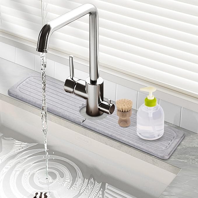 Stone Faucet Mat for Kitchen Sink, 23.6" Diatomite Drying Stone Kitchen Sink Mat Super Absorbent, Kitchen Sink Splash Guard, Sink Stone Quick Dry Around Faucet for Kitchen Bathroom Counter