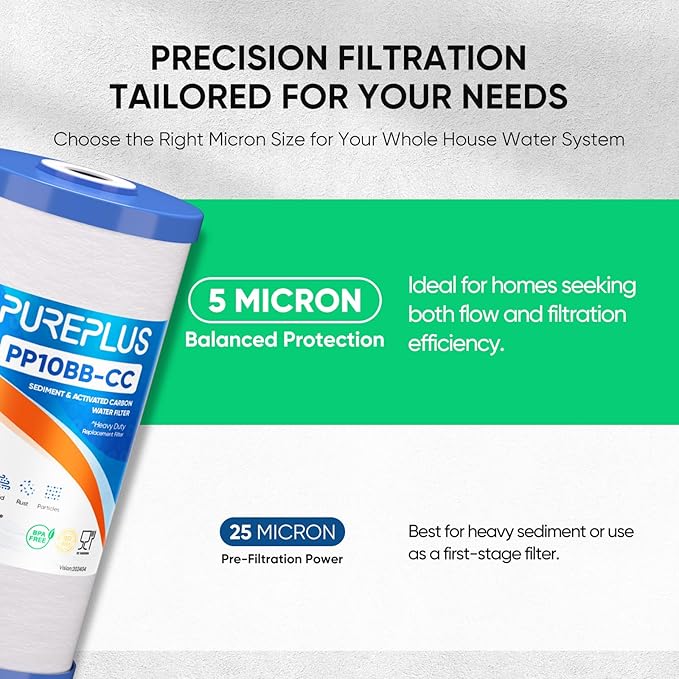 PUREPLUS 5 Micron 10" x 4.5" FXHTC Whole House Sediment and Carbon Water Filter Replacement Cartridge for GE GXWH40L, GXWH35F, GNWH38S, Culligan RFC-BBSA, WRC25HD, RFC-BB, PP10BB-CC, WFHD13001, 3Pack