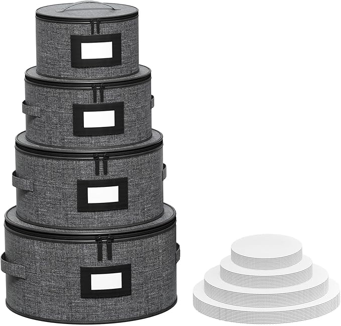 Aokeyee 4-Piece Plate Storage Box, Hard Shell Storage Containers with 48 Soft Dividers for Saucer, Dessert, Salad & Dinner Plates, Sturdy Quilted Stackable Dish Organizer for Moving & Protection, Grey