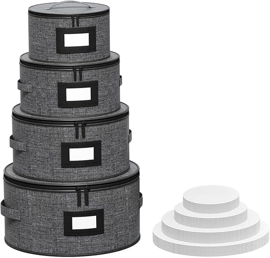 Aokeyee 4-Piece Plate Storage Box, Hard Shell Storage Containers with 48 Soft Dividers for Saucer, Dessert, Salad & Dinner Plates, Sturdy Quilted Stackable Dish Organizer for Moving & Protection, Grey
