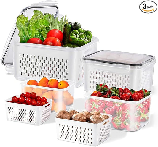 3Pcs 4 in 1 Fruit Containers for Fridge with Removable Colanders and Lids, Airtight Storage Container to Keep Fruits, Vegetables, Berry, Meat Fresh Longer, Dishwasher & Microwave Safe