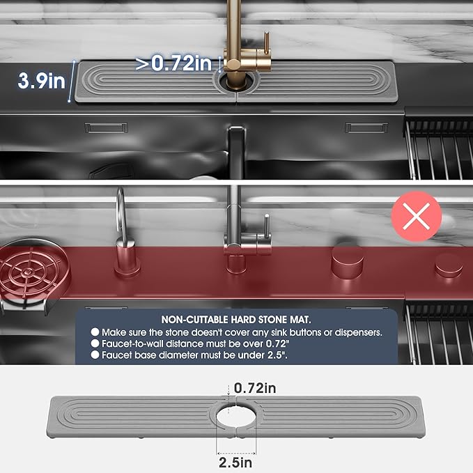 Quick Drying Stone Faucet Mat for Kitchen Sink - Diatomite Sink Mat Absorbing Stone Tray for Bathroom Counter, Sink Faucet Splash Guard Water Protector Matt for Kitchen Counter(Gray, 14" x 3.9")