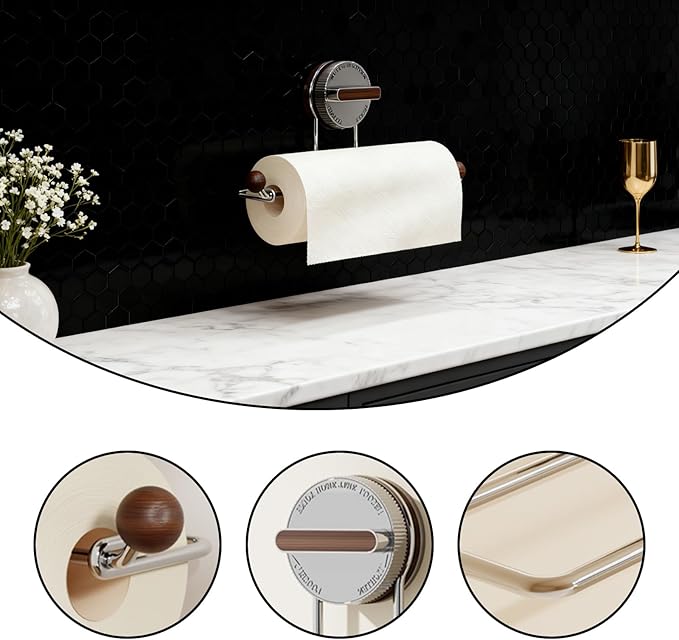 Removable Suction Cup Paper Towel Holder, Suction Towel Holder, Wooden Paper and Stainless Steel Paper Towel Holder for Under Cabinet, Bathroom (2-Pack: 1 Natural Wood Color, 1 Walnut Color)