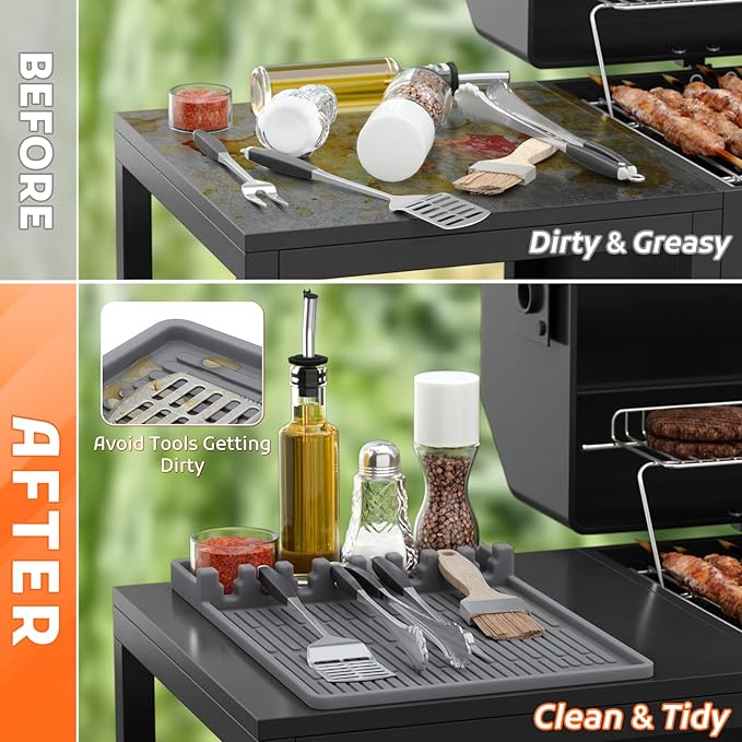 MealHelper Silicone Griddle Tools Mat Compatible with Blackstone Griddles, Grill Mat for Outdoor Grill Side Shelf with Seasoning Jar Holders, BBQ Tool Rest, Grey